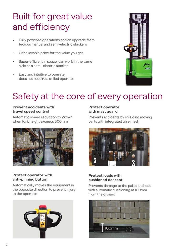 Fully Electric Stacker 1.5 Ton brochure page 2